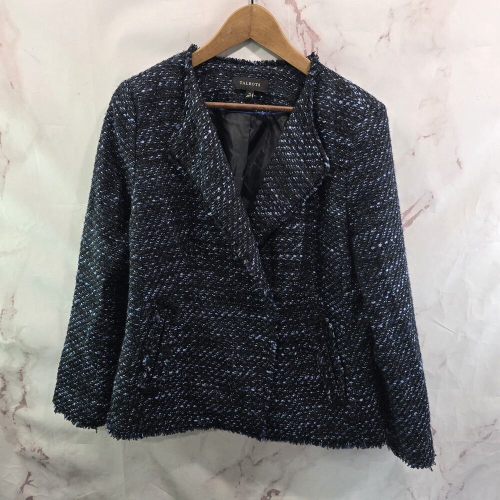Talbots Blazer Womens 10 Medium Black Blue Tweed One Button Fringe